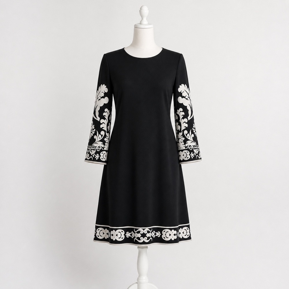 Donna Morgan 10 Sheath Dress Black White Patterned Flare Sleeve Office Day Night